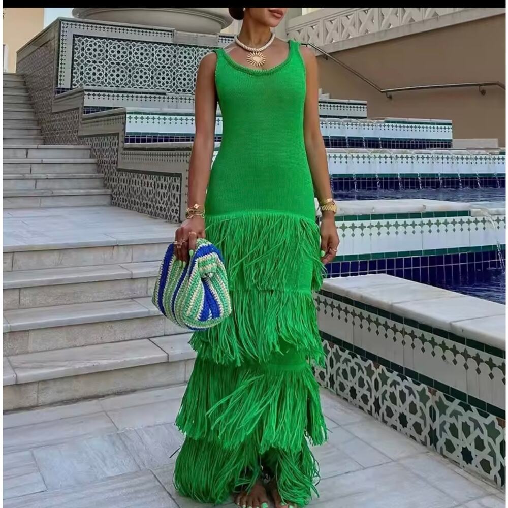 Sunday Up Medium Vibrant Green Fringe Maxi Dress Boho Tiered Tassel Summer Dress